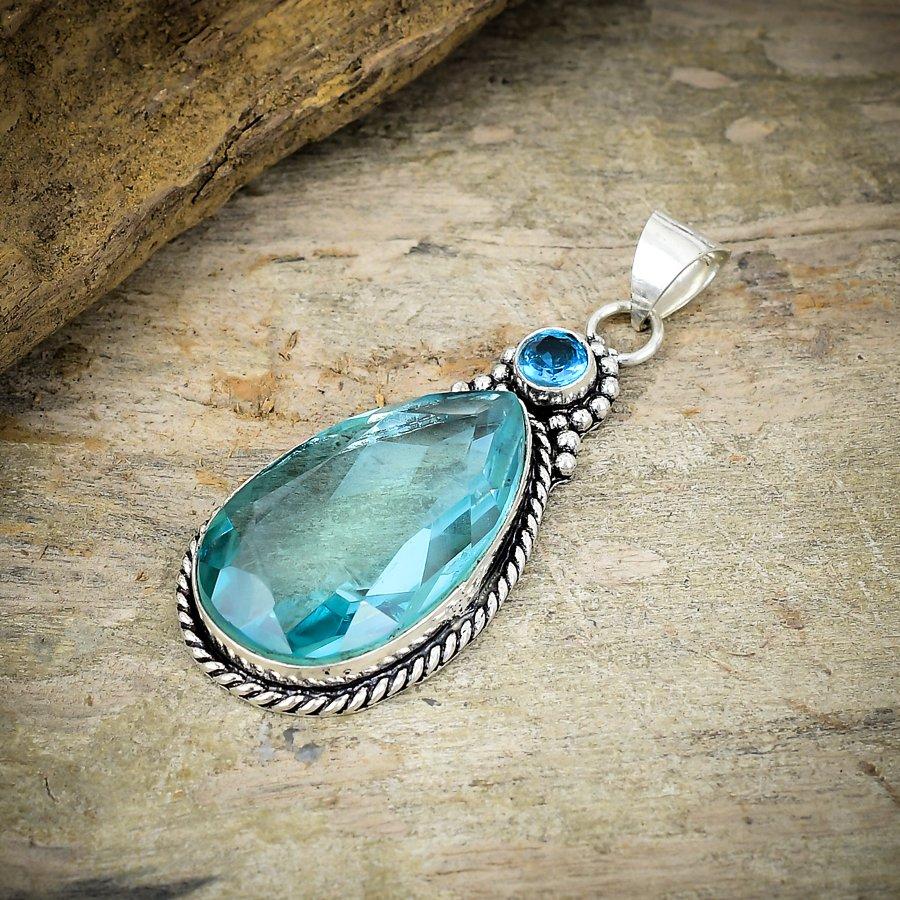 Aqua Apatite, Blue Topaz Gemstone 925 Sterling Silver Jewelry Pendant 2.44" M-185