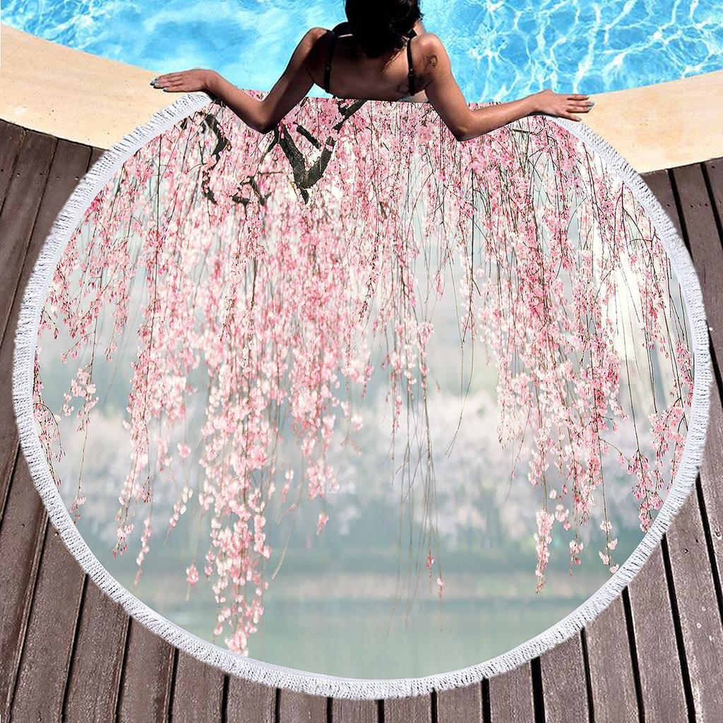 Cherry Blossom Round Beach Towel,Cherry Blossom Tree In The Sun Sand Anti-Sand Beach Blanket Absorbent Quick Dry Soft Pool Towel