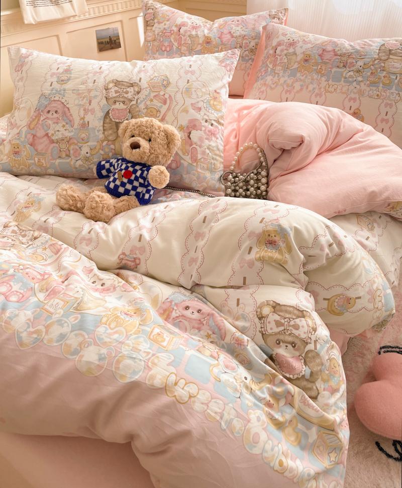 

Cartoon Cat Cake Duvet Cover Microfiber Bedding Set Lovely Kitten Comforter Cover Girly Bedroom Quilt Cover with 2 Pillowcases 150X200cm(3pcs)