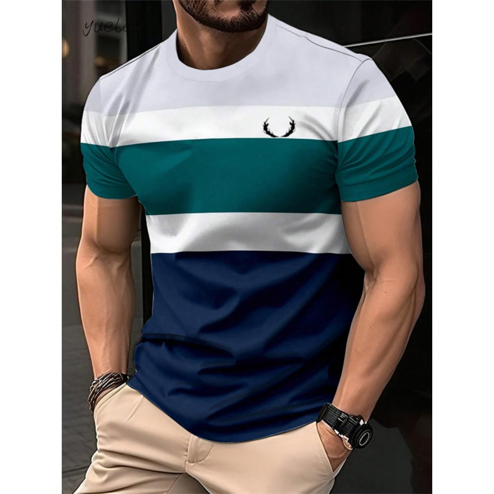 Fashion Striped Printed Men's T-Shirt Summer Breathable Men's Clothing Casual Loose Men Tops Versatile O-Neck Men Short Sleeved