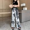Women's Thin Casual Ice Silk Chiffon Wide Leg Pants Summer Strap Drop Straight Trousers Women