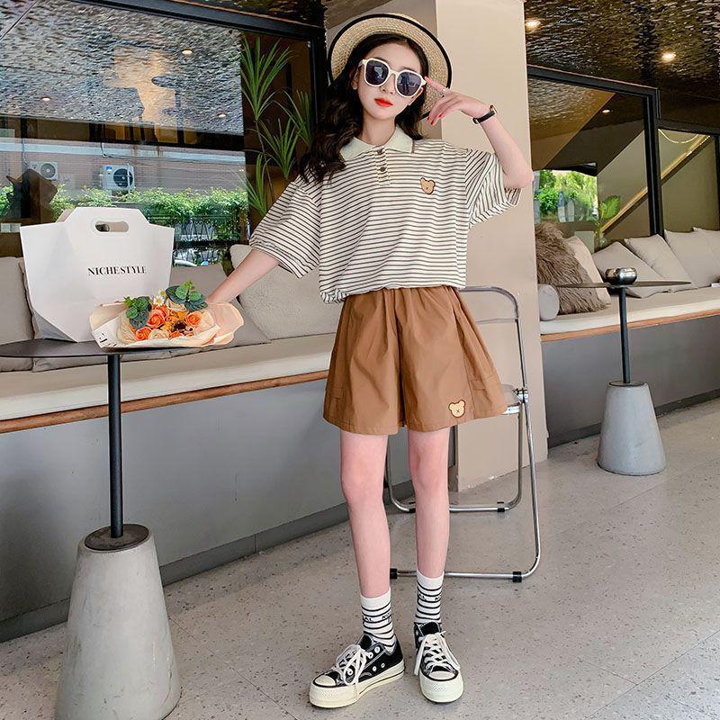 Girls Trendy Summer Outfit: Striped Polo T-shirt and Shorts Set 130 cm