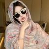 Small fresh green floral silk scarf women's summer travel buckle sunscreen large shawl beach towel thin yarn scarf scarf