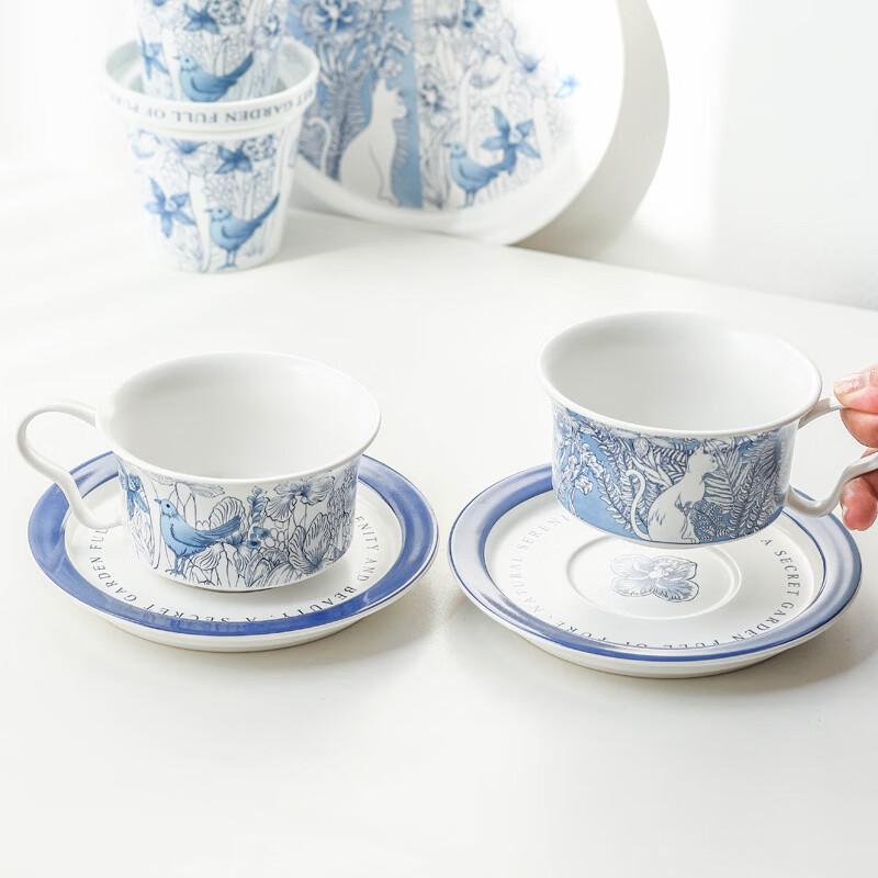 OLOEY Hand-Painted Blue & White Bird Ceramic Coffee Cup Set