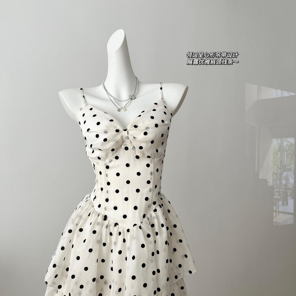 

Белая юбка для торта в горошек для женщин, новое летнее платье на бретелях с высокой талией и завязками для отдыха XL- (recommended 110-60kg)