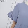 VONDA Summer Women O Neck Ruffled Short Sleeve Casual Pleated Maxi Dress Robes