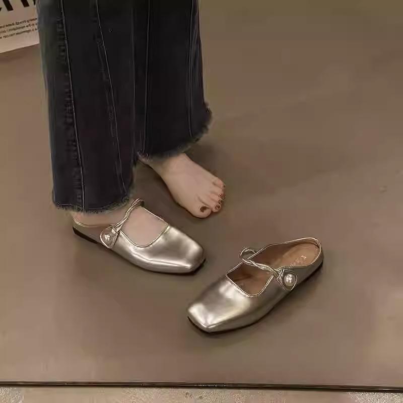 French gentle half slippers flat shoes women's bag head one pedal soft sole silver Mary Jane women's shoes temperament one word