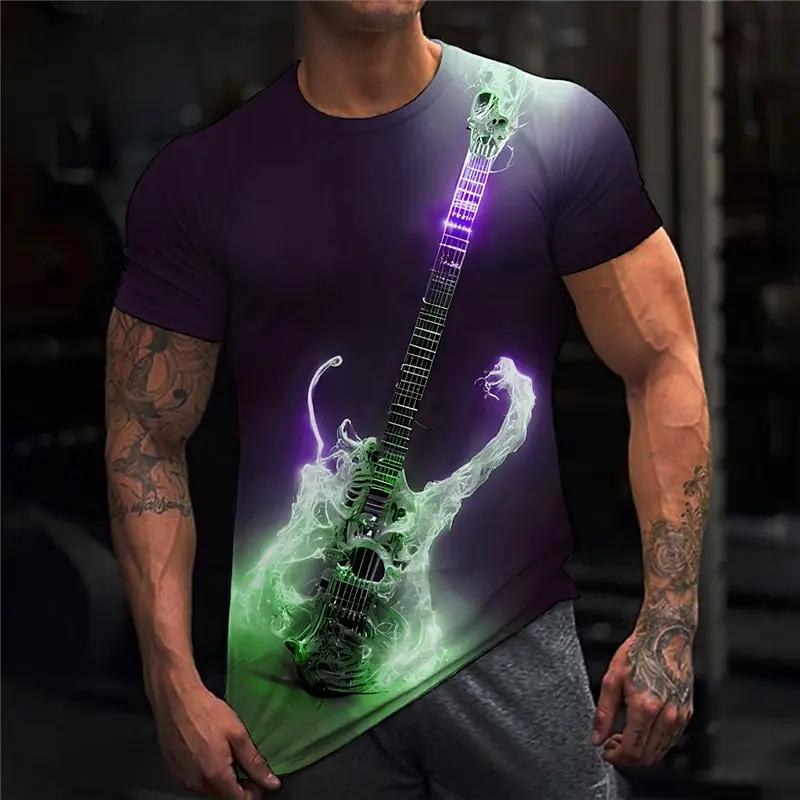 Round Neck 3D Skull Electric Guitar Graphic Printed Short Sleeved Men's T-shirts - Soft Medium Stretch Polyester Fabric Summer Relaxed Fit Clothing