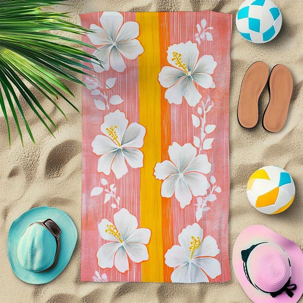 Ultra-Fine Fiber Beach Bath Towel Plush White Hibiscus Flower Palm Leaf Design on Peach Coral Pink Mustard Yellow Quick-Dry
