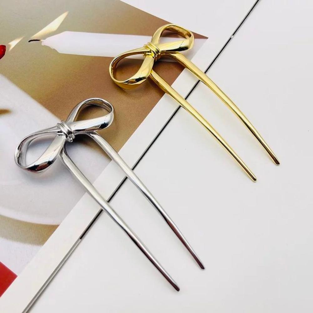 Headpiece Bowkont Hair Stick Vintage U-shaped Headwear Unique Metal Bow Hairpin Hair Accessory