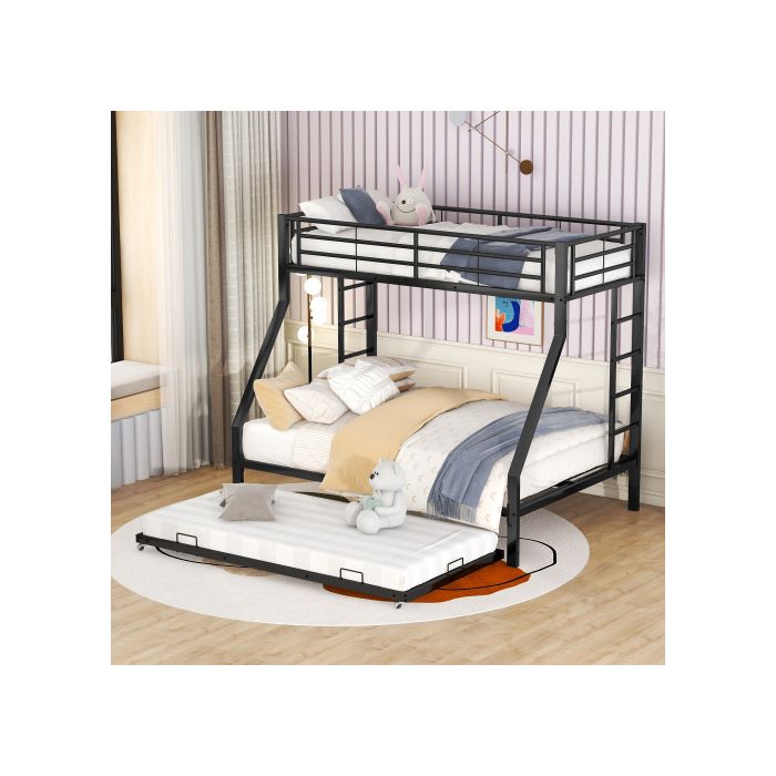 Lit Superposé En Métal - MUVOE - 90(140)x200 Cm - Noir - Échelle Des Deux Côtés - Lit Escamotable