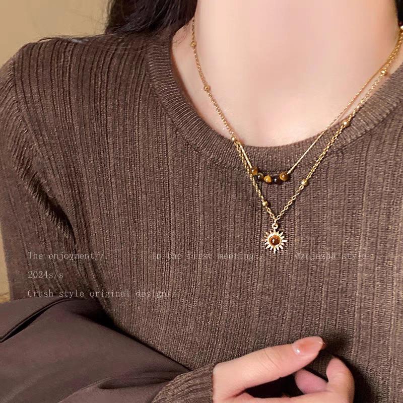Retro Sunflower Tiger Eye Stone Necklace Layered with Sweater Chain, Winter and Autumn Collar Chain