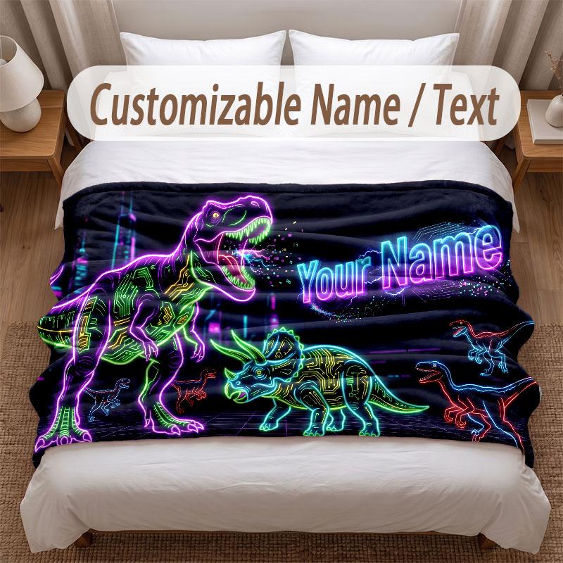 Dinosaur Theme Soft Blanket Personalized Custom Name Text Print Warm Blanket Home Sofa Bedroom Decor