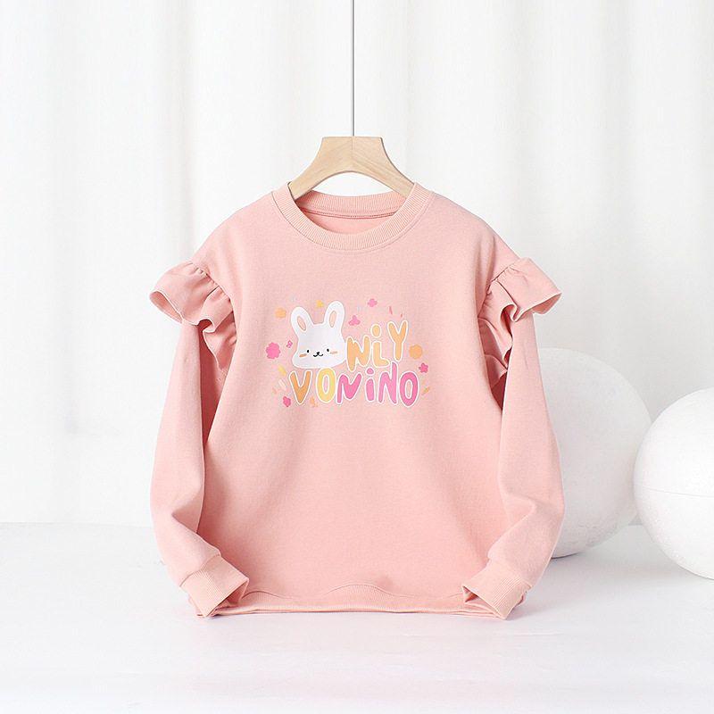 Spring and Autumn Children s Clothing Girls  Long-Sleeved Sweatshirt Big Children s Cartoon Ruffle Sleeve Top Children s Bunny Pullover Clothes Pink 120
