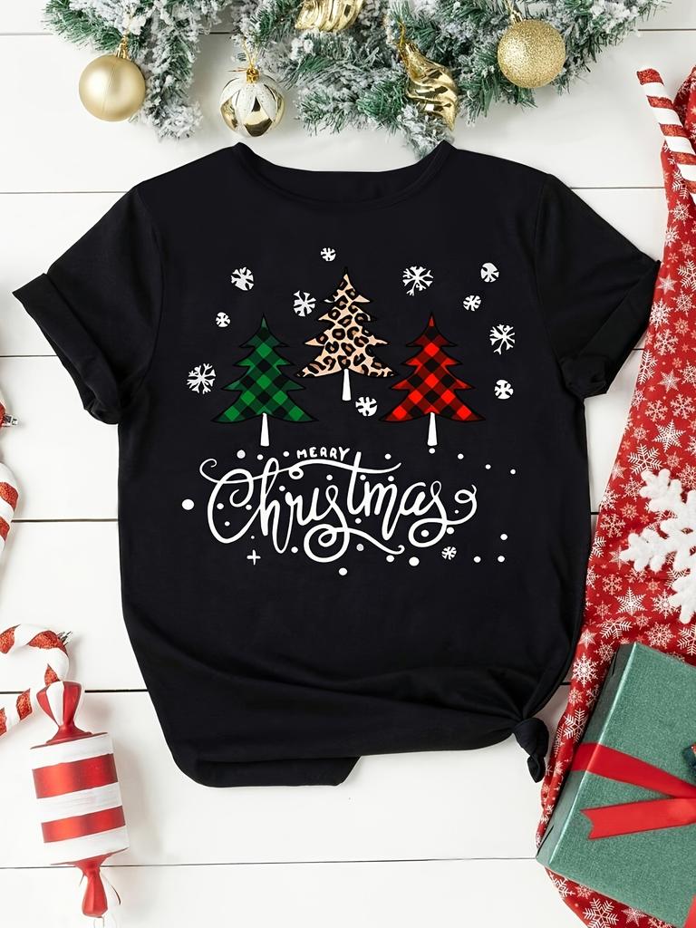 Womens Christmas Tree Print Tshirt Short Sleeve Round Neck Top for Summer Womens Clothing Harajuku Short Sleeve Casual