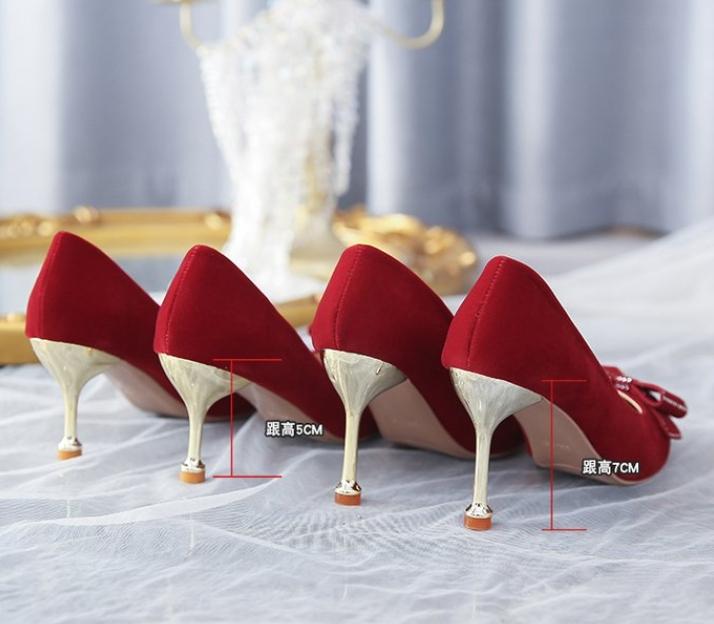 Women's Spring and Autumn New Red Rhinestone Bow Large Wedding Shoes Pointed Comfortable Shallow Mouth High Heels