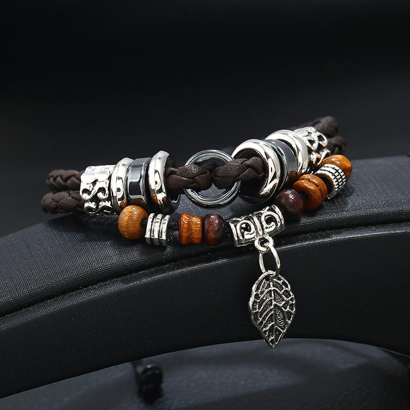 Leather Braided String Vintage Style Leaf Design Men For Women Wear Bracelet