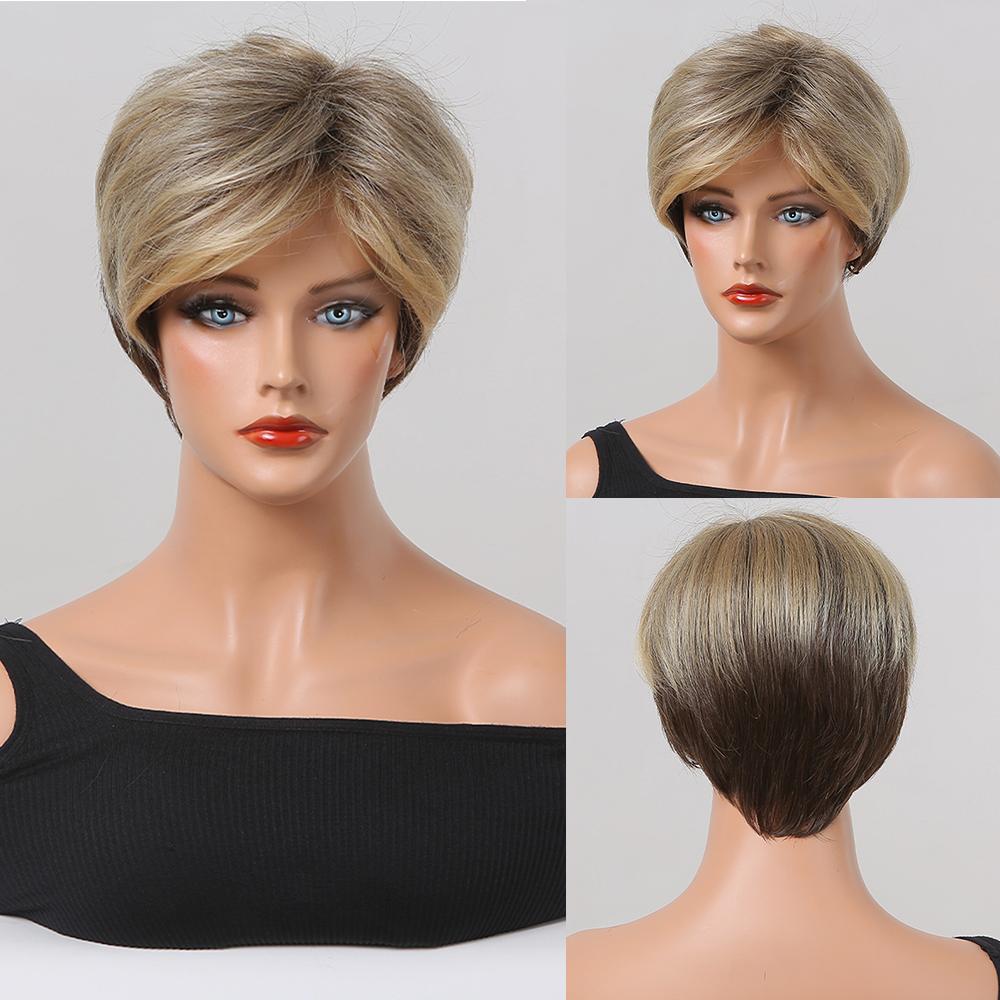 Short Synthetic Wigs Dark Brown Natural Wig with Side Bangs for Women Cosplay Daily Party Pixie Cut Wigs High Temperature Fibre
