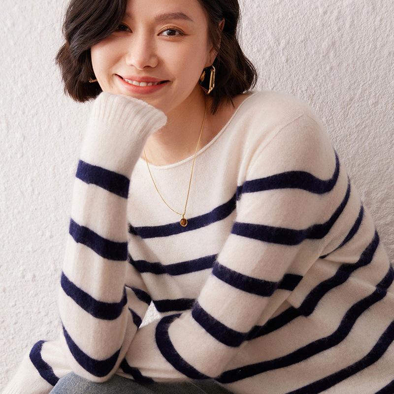 Women's Soft Cashmere One-Shoulder Sweater - Seamless, Loose Fit, Striped Pullover with Rolled Hem.