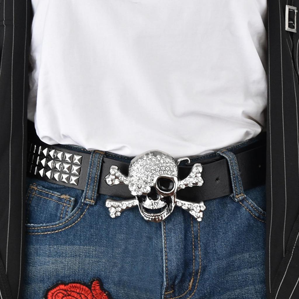 Studded Belt Skull Bone Skeleton Buckle Bling Bling Glitter Belt Hip Hop 110cm Black [Lamerry] Men's Women's