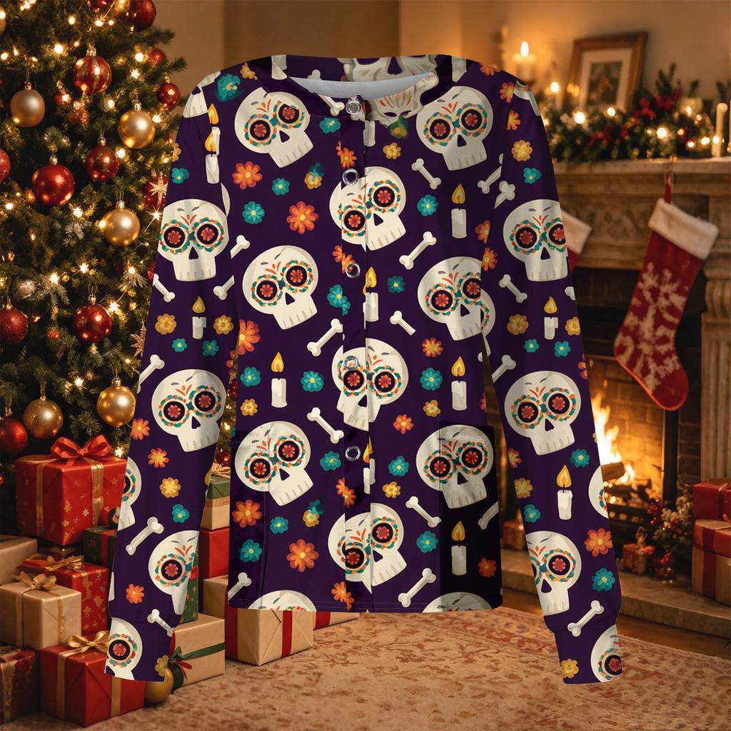 Women's Casual Long Sleeve Single-Breasted Print Scrub Top