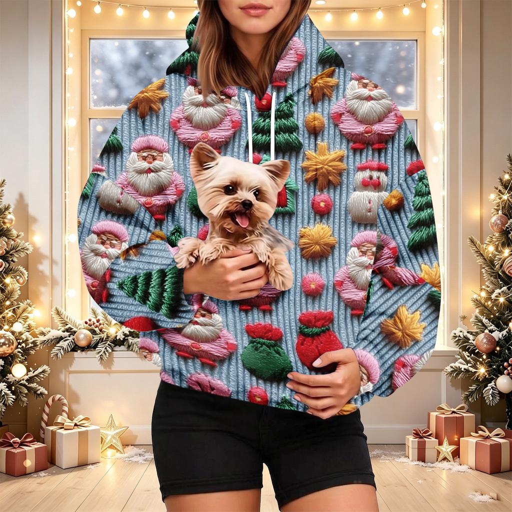 Women's Fashion Christmas Print Hoodie with Pet Pocket, Casual Pullover for Holiday Wear