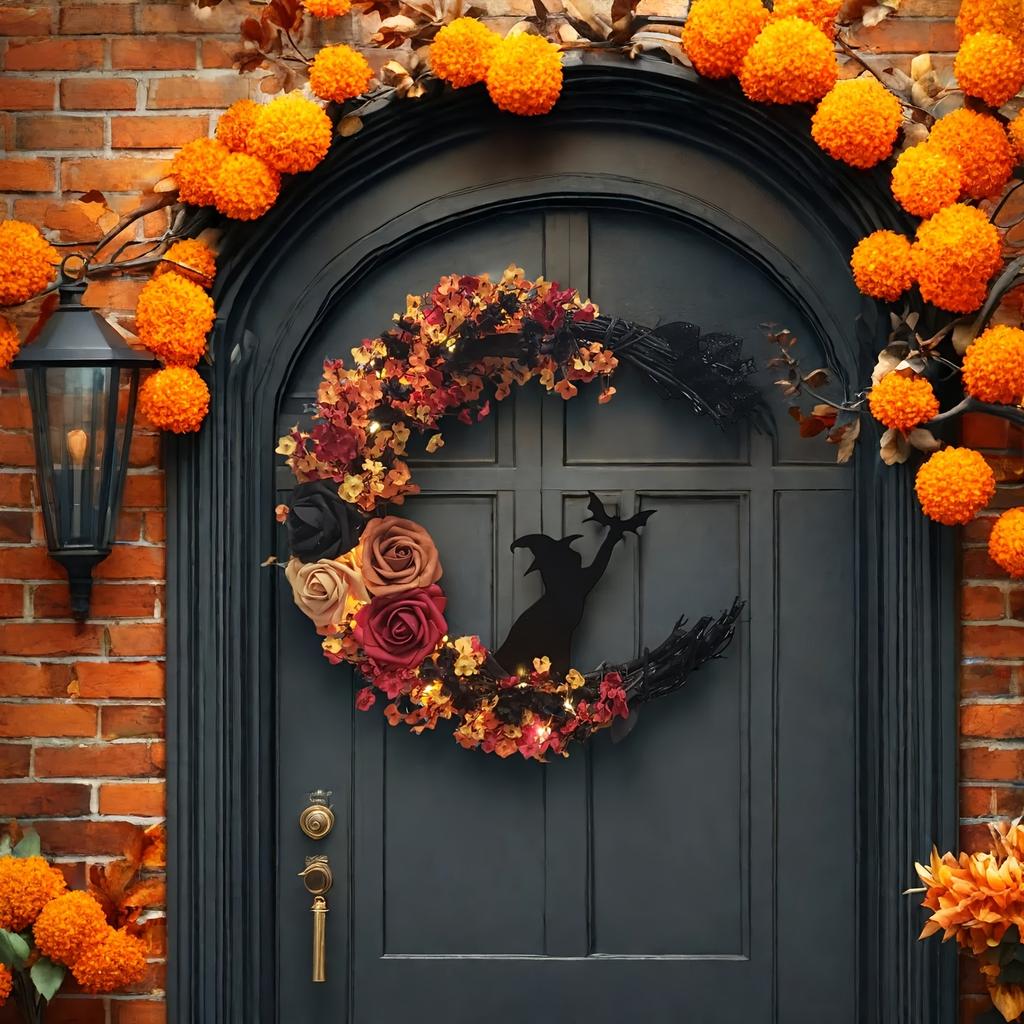 1pc Gothic Halloween Wreath - Witch Cat Moon Silhouette with Autumn Leaves & Roses, Halloween Decorations, Moonlit Night Theme