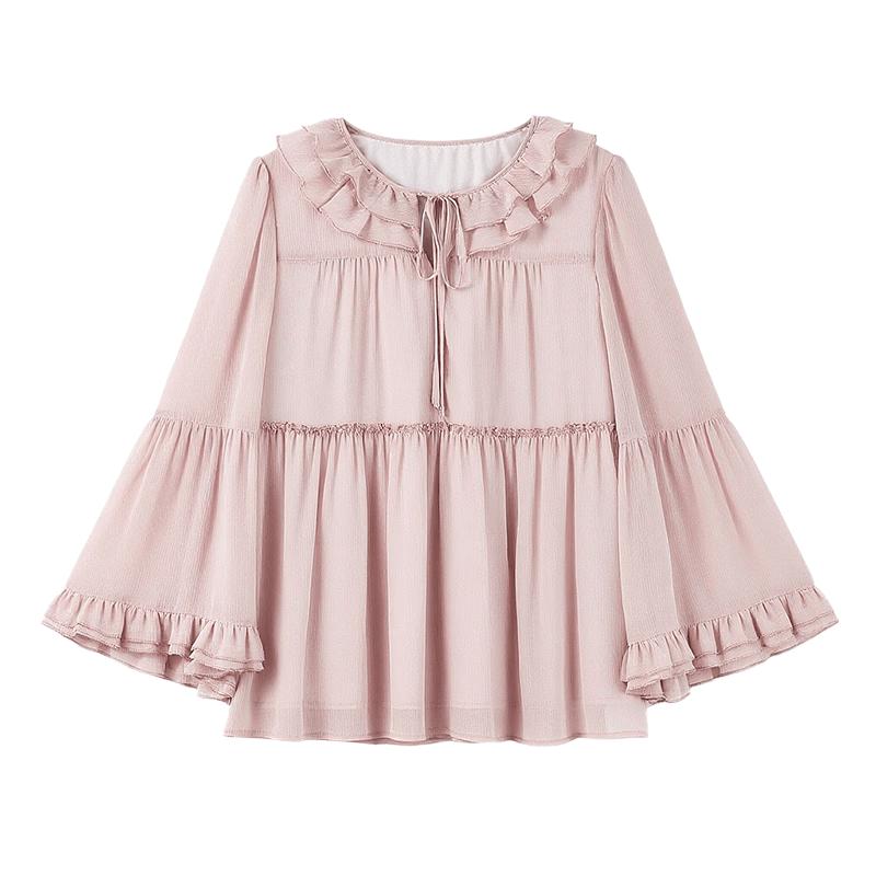 Women s Ruffle Sleeve Peter Pan Collar Loose Blouse M