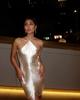 Women Metallic Halter Midi Dress Sleeveless Bodycon Split Party Club Evening Dress
