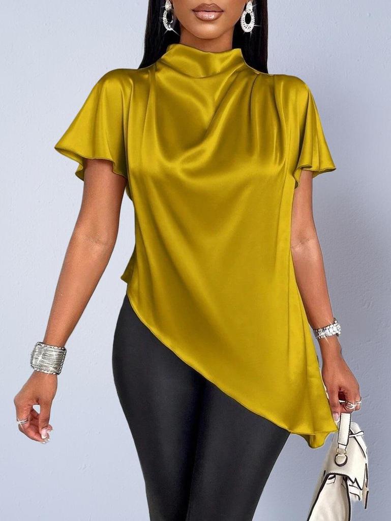 Autumn Faux Silk Asymmetrical Hem Women's Shirt 2025
