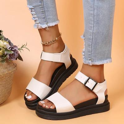 Damen Ledersandalen Ein-Wort Gürtelschnalle Römerschuhe Damen Zehenfrei Flache Sandalen Schuhe Strandurlaub Sandalen Sandalias