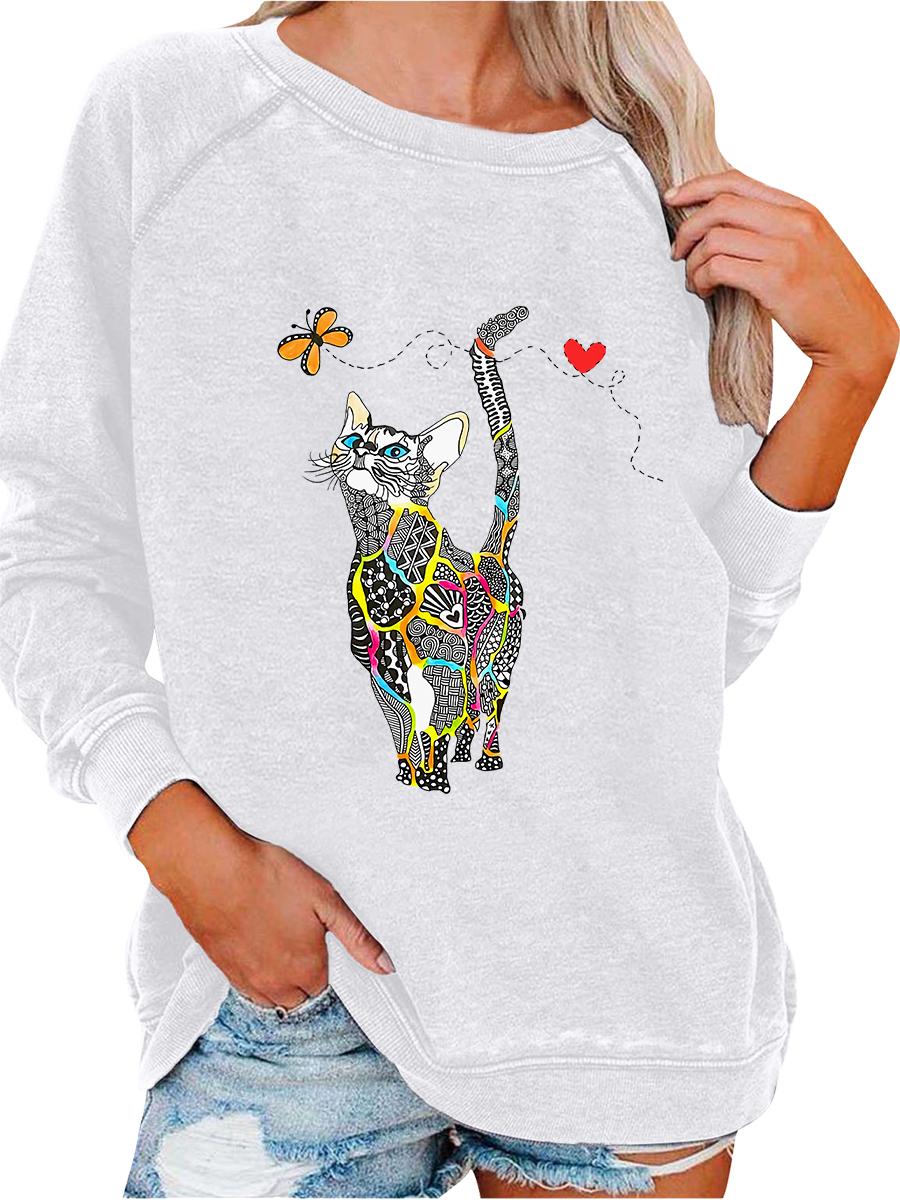 Women s Pullover Sweatshirt Oversized Sweatshirt Women s Spring/Fall Fashion Cat Print Top S