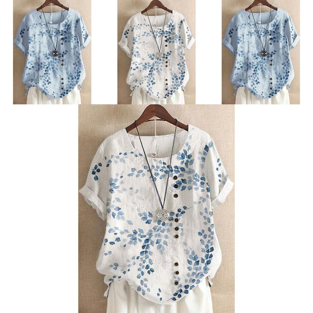 Women's Cotton Linen Floral Blouse With Short Sleeves For Summer Comfort