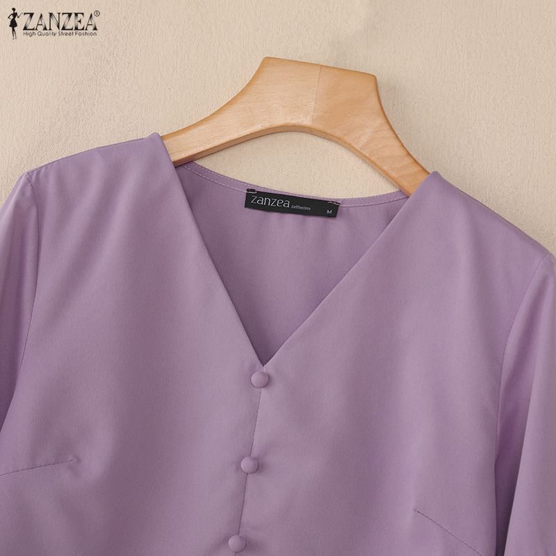 ZANZEA Women Casual V-Neck Solid Color 3/4 Sleeve Loose Blouse