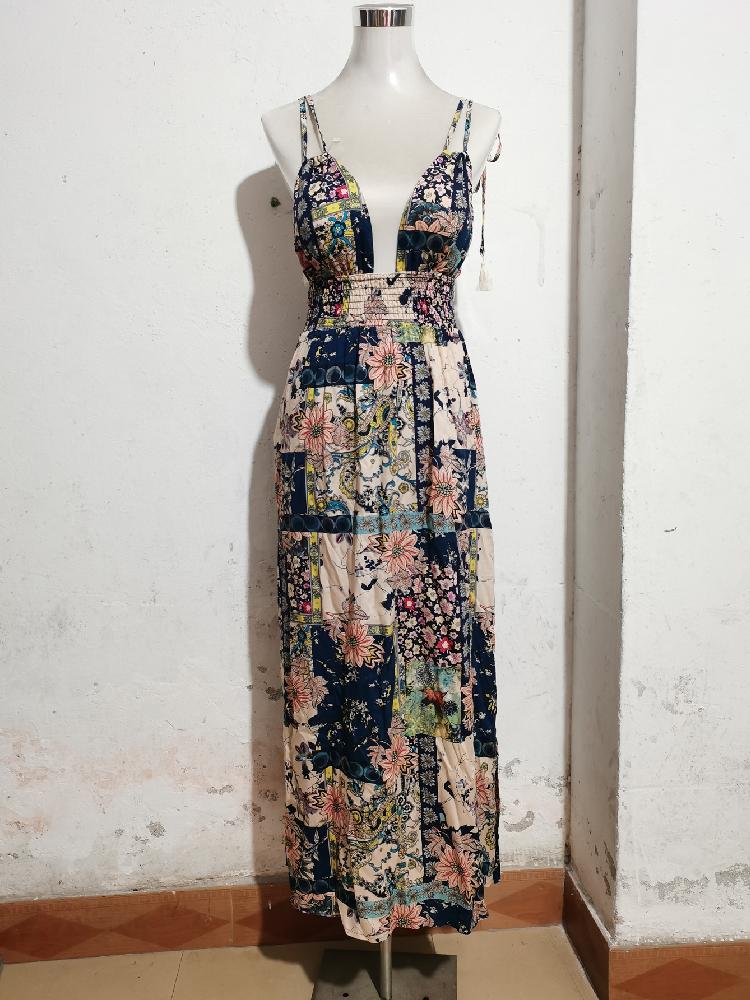 Spring Summer Deep V-neck Strap Dress Retro Vacation Beach Dress