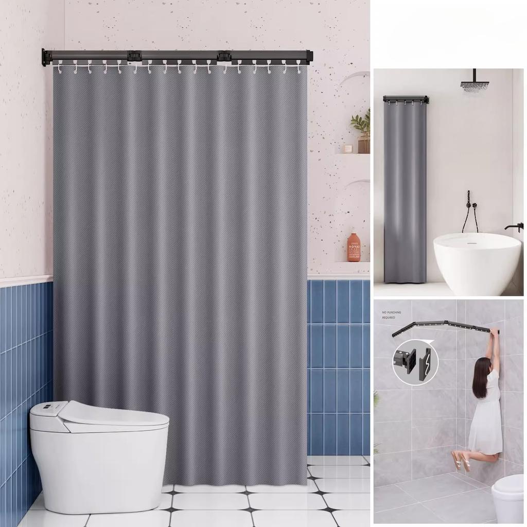 Foldable Shower Curtain Rod for Bathroom and Toilet, No Need To Drill Holes, Dry-wet Separation, C-shaped Waterproof Shower