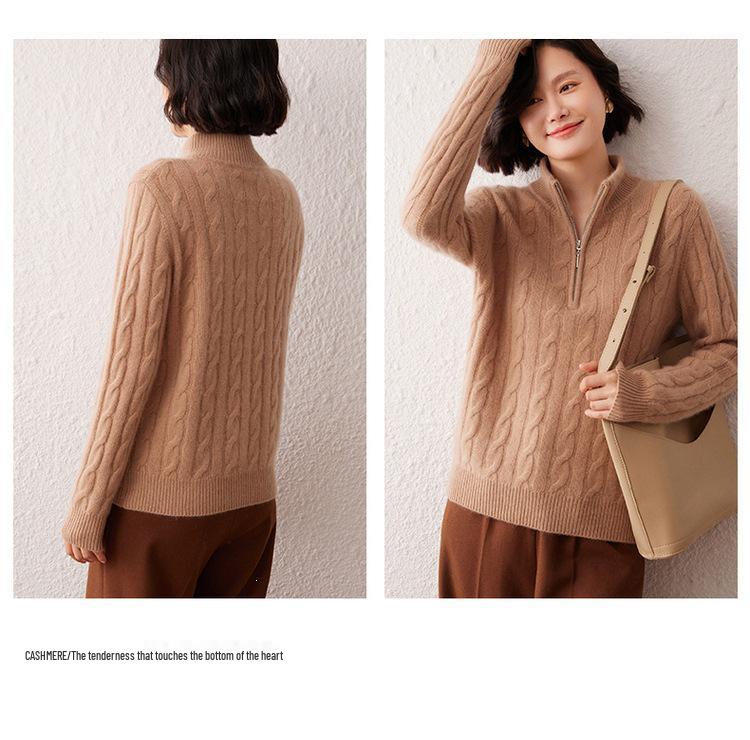 Women's Thickened Cashmere Stand Collar Zipper Sweater - Soft, Warm Cable Knit for Autumn/Winter