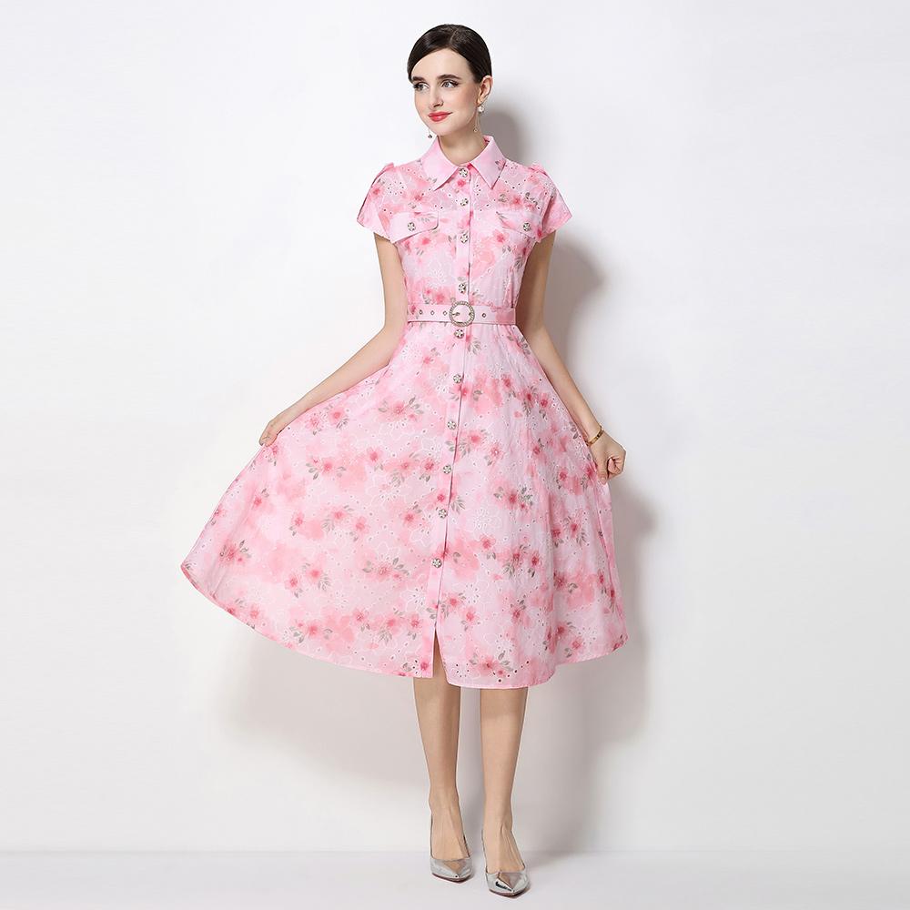 Gentle Pink Green and Yellow Embroidered Print Drop-Shoulder Shirt Dress for Women Summer Button-Down Belt Slim Midi Dress