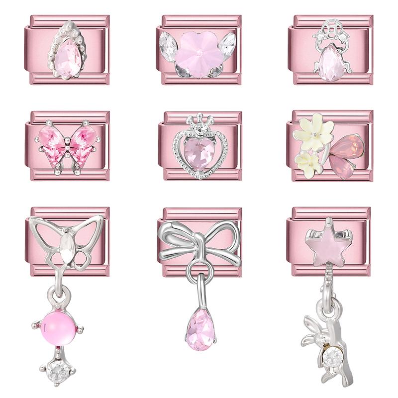 Fashion Zircon Pink Butterfly Star Bow Flower Rabbit Italian Charm Links Fit 9MM Stainless Steel Bracelet Women DIY Making Gift