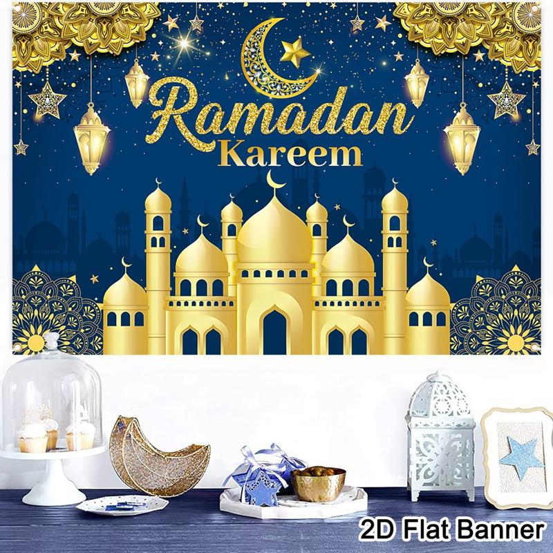 Eid Mubarak Backdrop Moon Star Castle Banner Ramadan Decorations Banner for Home Islamic Muslim Party Supplies Eid Al-fitr Gifts