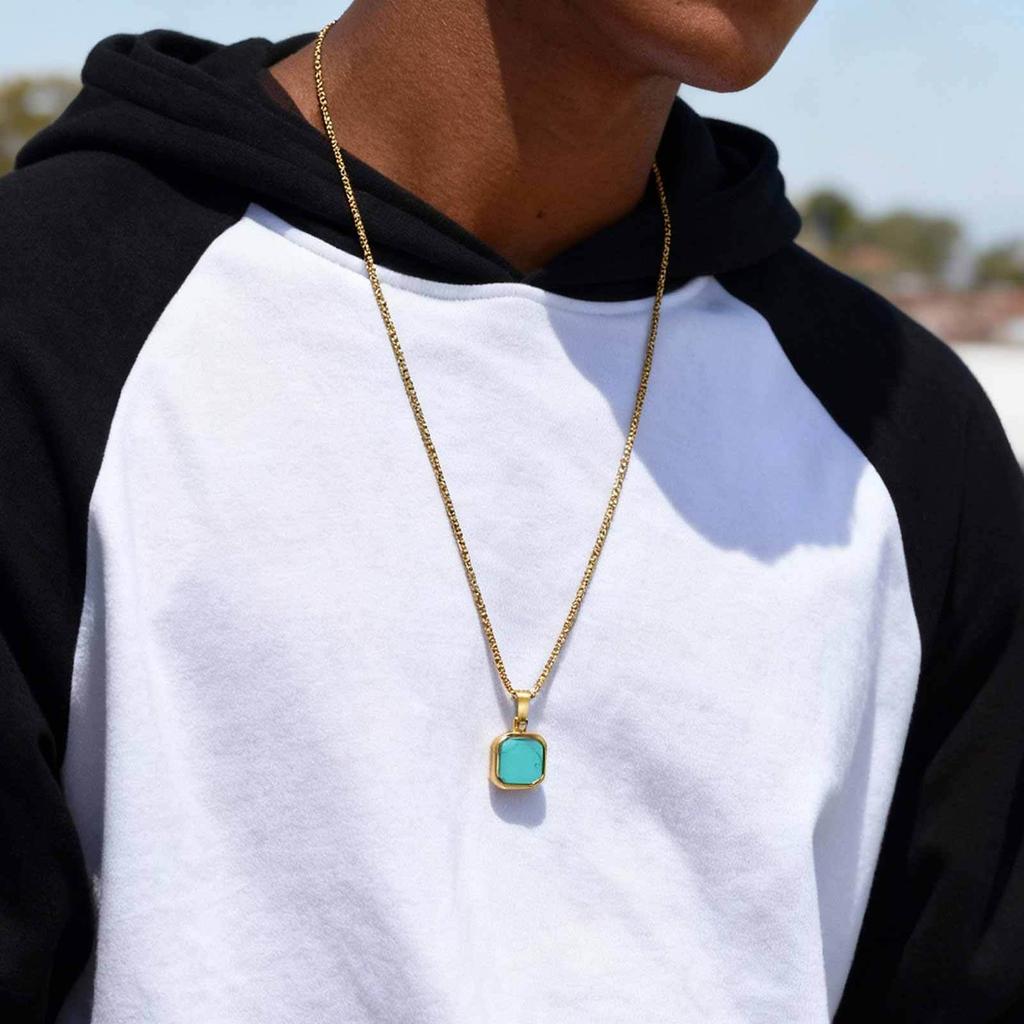 Natural Stone Square Pendant Necklace for Men Boys,Stainless Steel Turquoise Pendant,Jewelry Gift for Husband Dad Son BBF