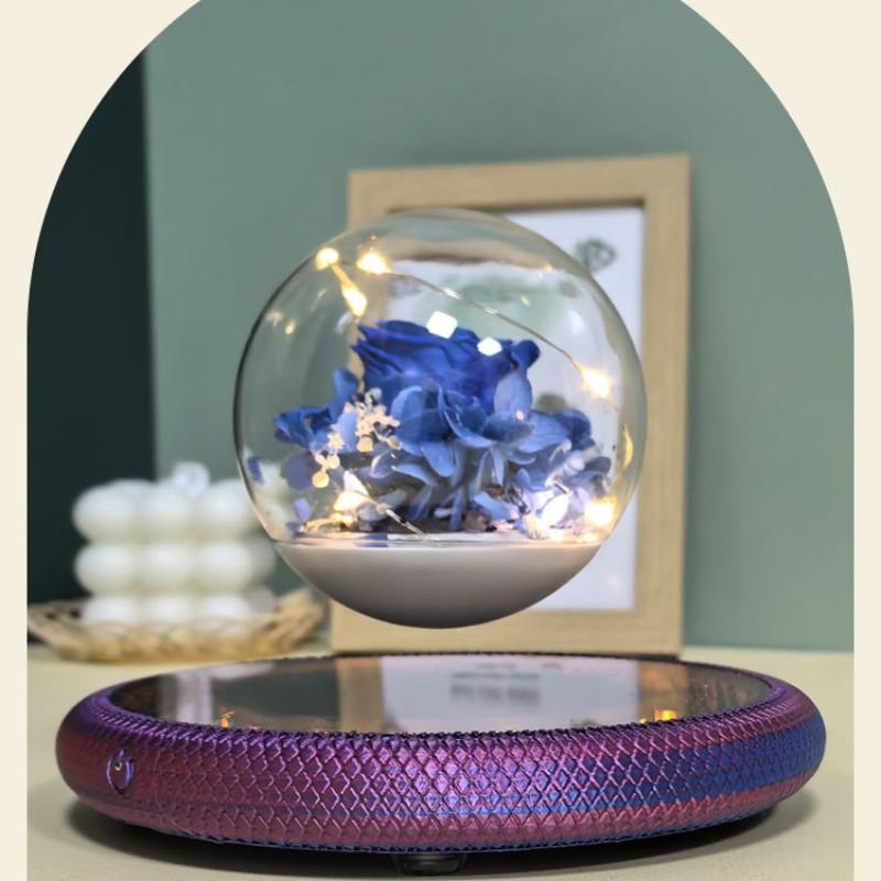 Magnetic Levitating Preserved Flower with Purple Base, 360° Free Rotation, Home Decoration Birthday Gift Valentine's Day Gift