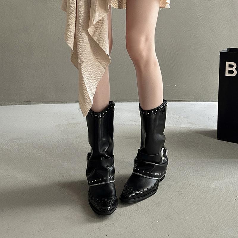 Design Punk Boots Women's High-end Trouser Tube Boots 2025 Summer New Pointed Rivets Pleated High Heel Thick Heel