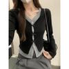 Fake Two-piece Stitching Contrasting Color Bow Long-sleeved Cardigan for Women Autumn New T-shirt Design Niche Slim Fit Top