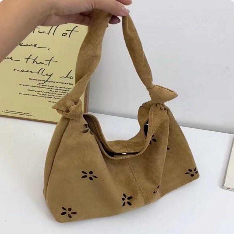 

Корейская ретро замшевая сумка-тоут с полым цветочным узором, женская, новая коллекция осень-зима 2025, большая вместительная сумка-шоппер на плечо для работы абрикосовый