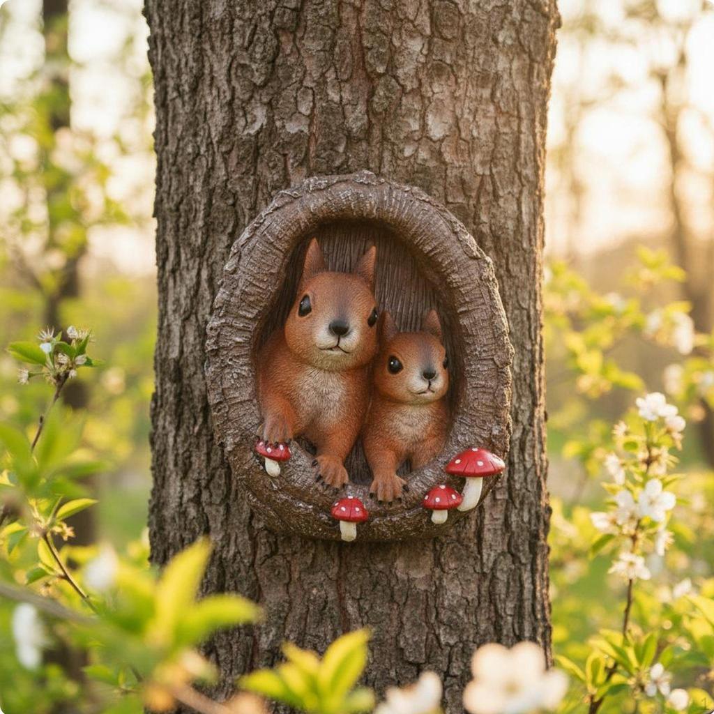 Squirrels In Tree Hollow Statue WeatherResistant Squirrel Peeker HandPainted Resin