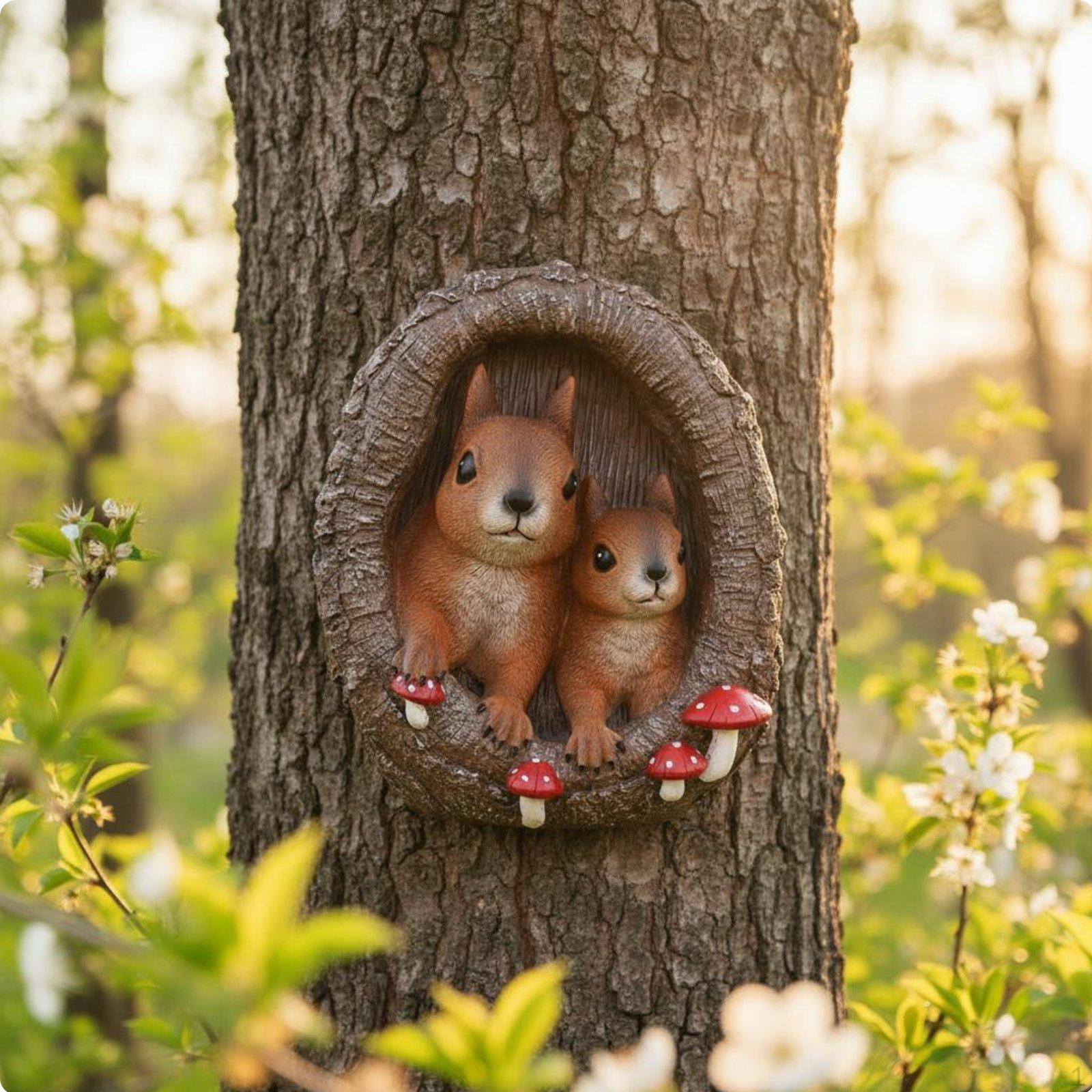 Squirrels in Tree Hollow Statue WeatherResistant Squirrel Peeker HandPainted Resin