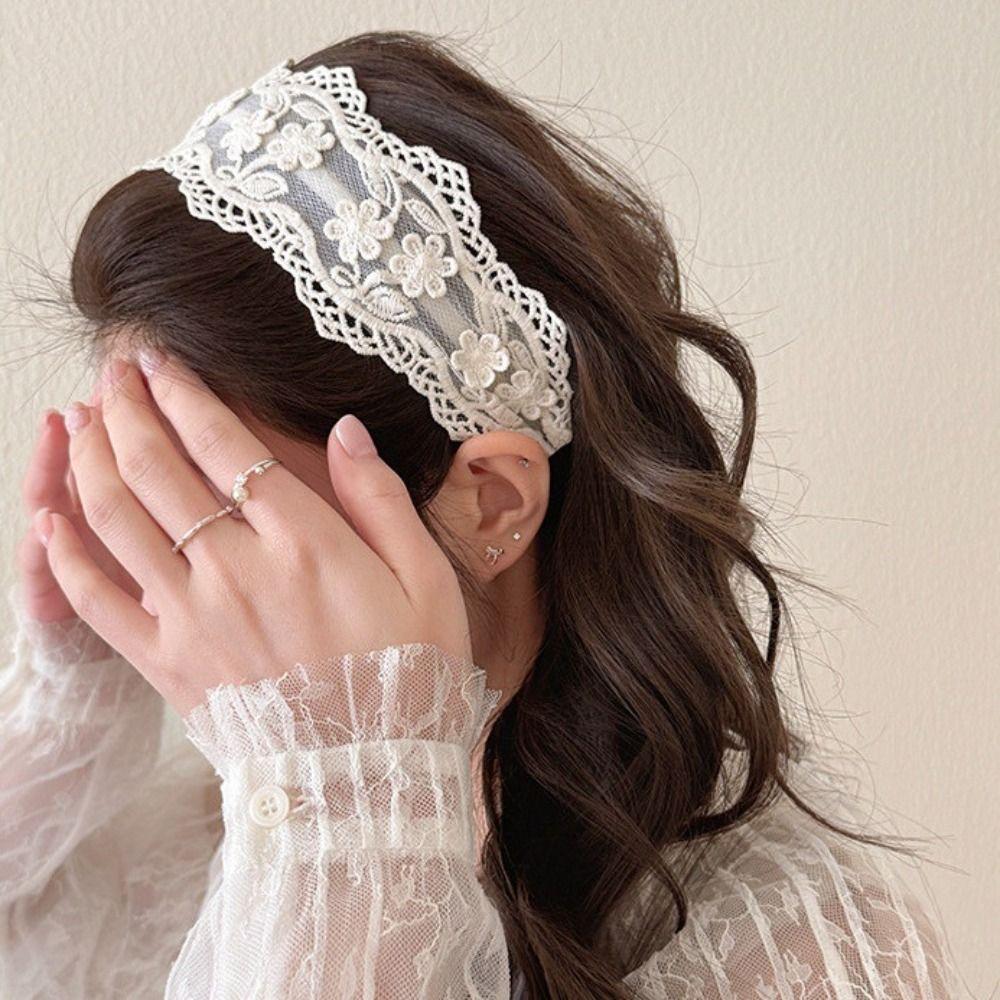 Wide Side French Lace Headband Sweet Hollowed-out Flower Hair Hoop  For Women Girls