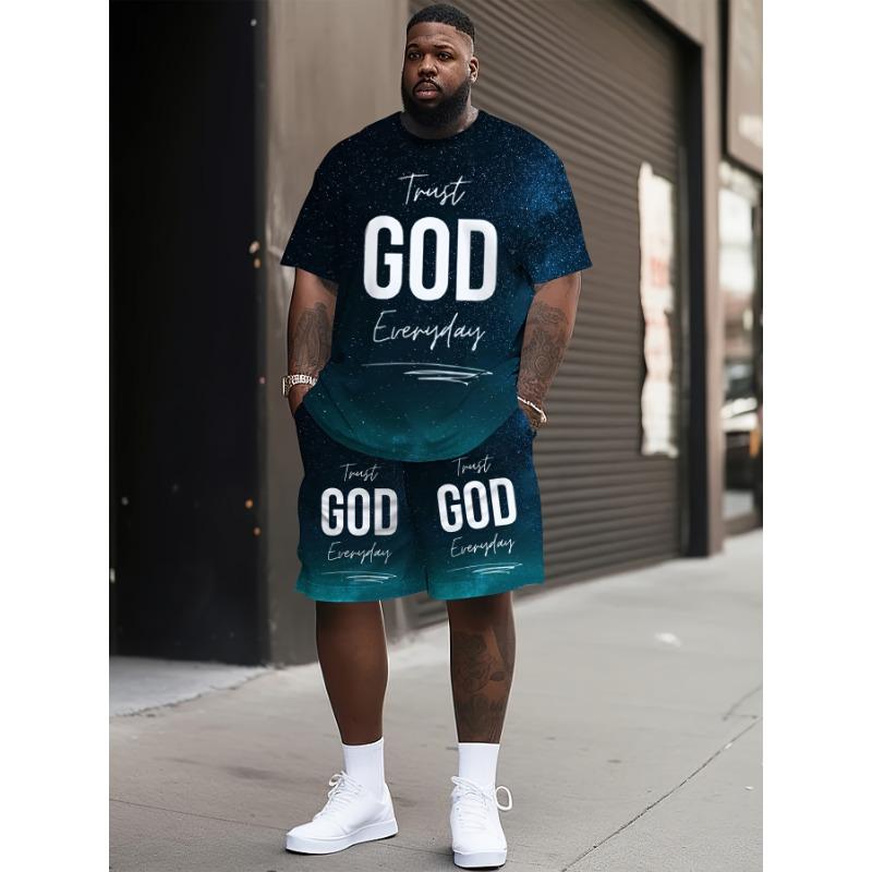 

Men s Large Size 3D Letter Print Casual Short Sleeves and Shorts Set S