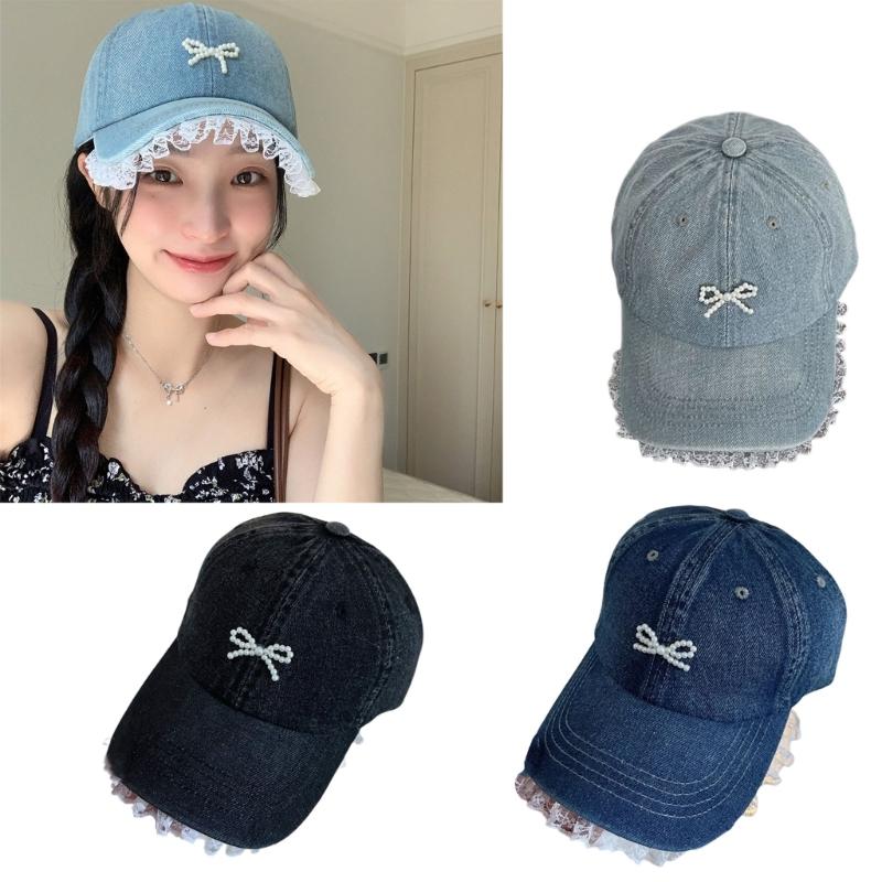 Stylish Women Fabric Baseball Hat with 3D Pearls Bowknot and Lace Trim for Outdoor Sports Activity Breathable Headwear